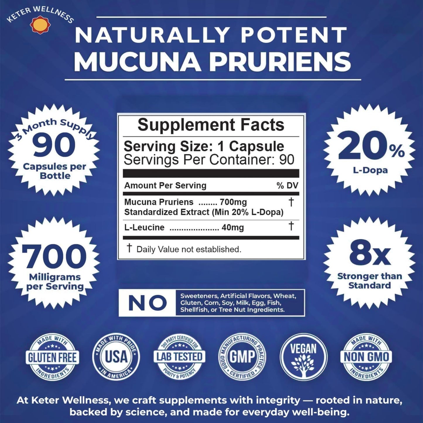 Keter Wellness Mucuna Pruriens 20% L-Dopa – Standardized Velvet Bean Extract for Natural Dopamine, Focus & Mood Support – Pure 20:1 Concentrated Herbal Supplement – Vegan, Non-GMO, 90 Capsules