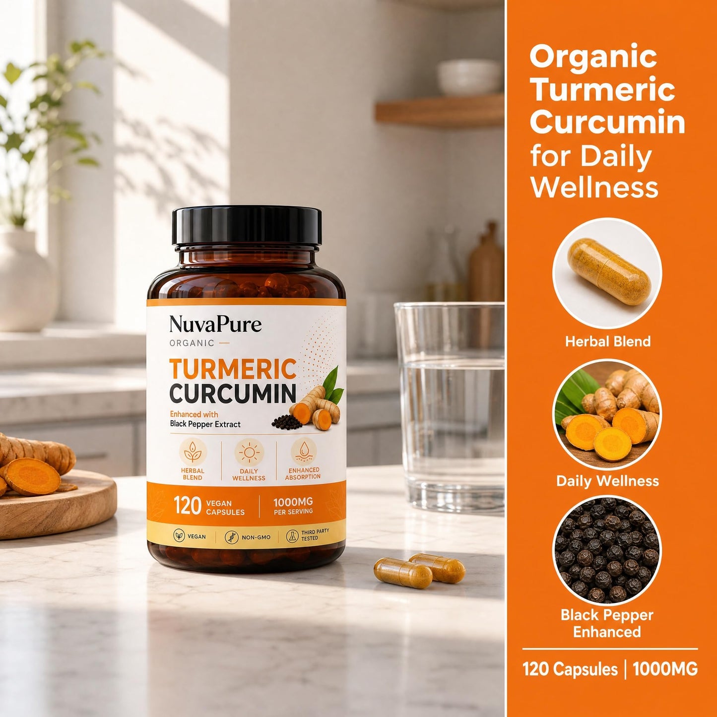 ONAISE Nuvapure Organic Turmeric Curcumin Capsules – Turmeric Curcumin Formula with Black Pepper Extract, 120 Count