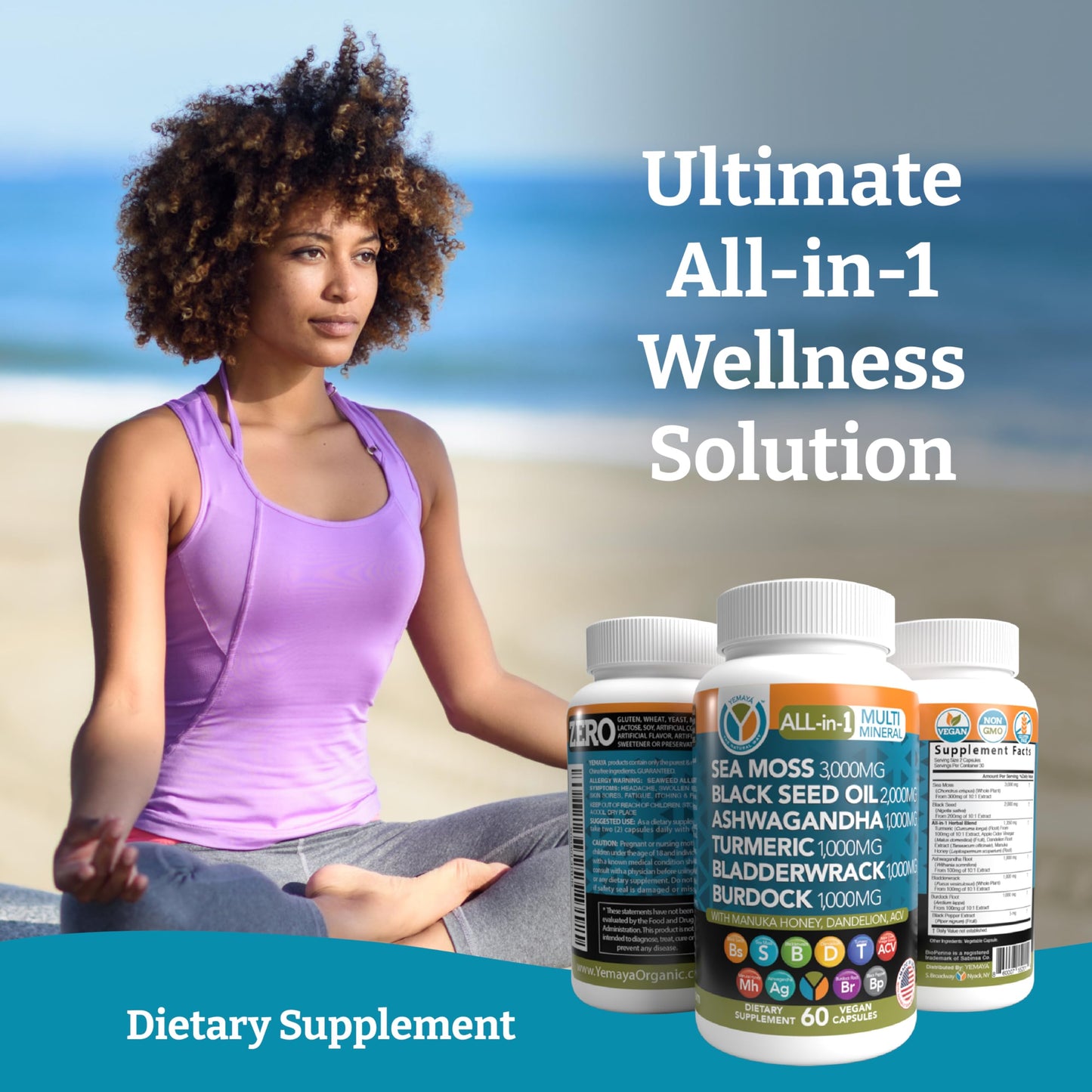 Yemaya The Natural Way All-in-1 Multi Mineral Sea Moss Raw Organic Supplement, 60 Capsules