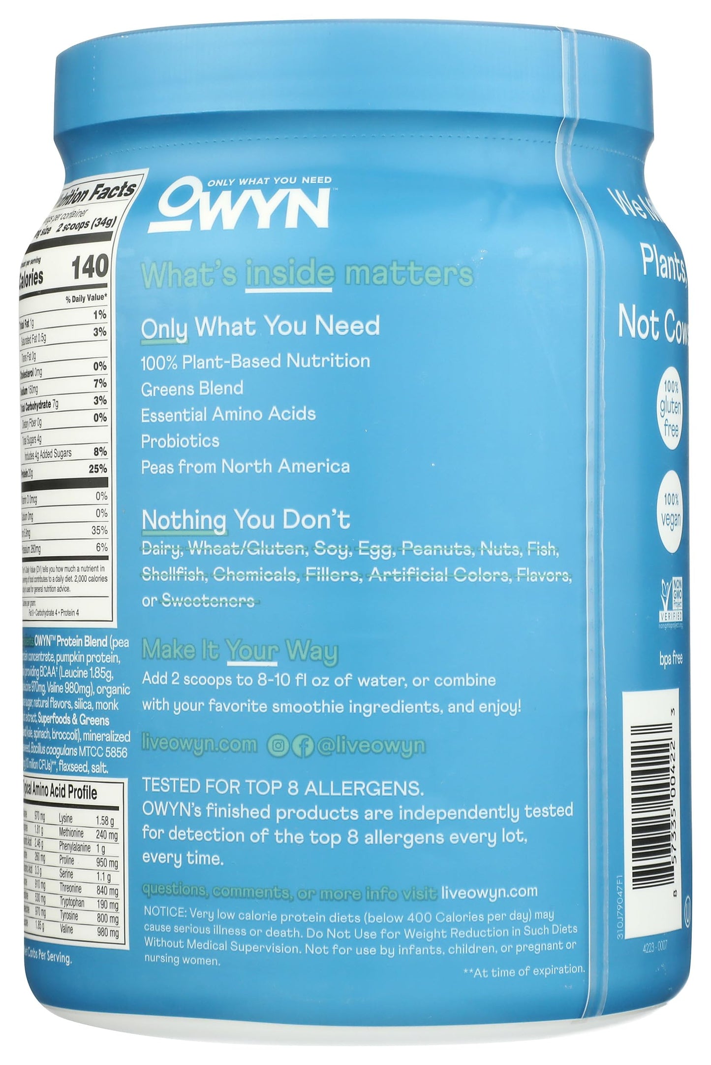 OWYN Only What You Need Smooth Vanilla Flavored 20g Protein Powder 17.6 oz