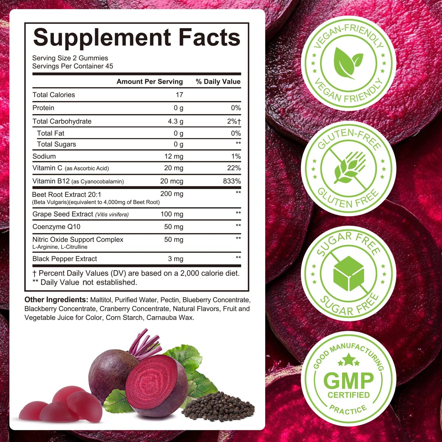 TAKNFDMY Beet Root Gummies 8-in-1 with CoQ10, Grape Seed, Vitamin C & B12 Gummy 90 Count