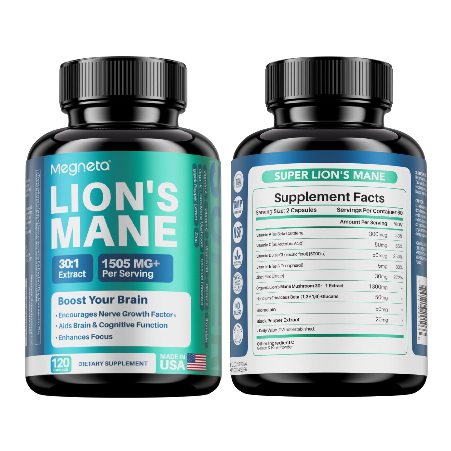 MEGNETA Lion's Mane Extract with Black Pepper Capsule, 120 Count