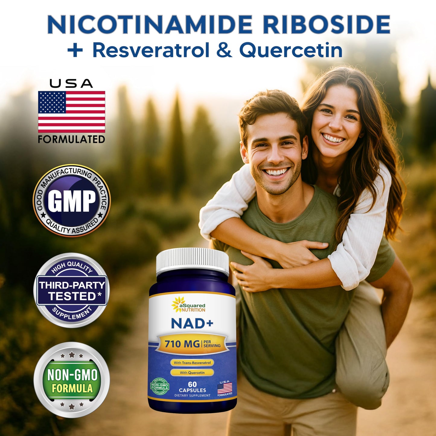 aSquared Nutrition NAD Resveratrol Supplement with NAD+ Nicotinamide Riboside 500mg, Trans-Resveratrol & Quercetin, Capsule, 60 Count