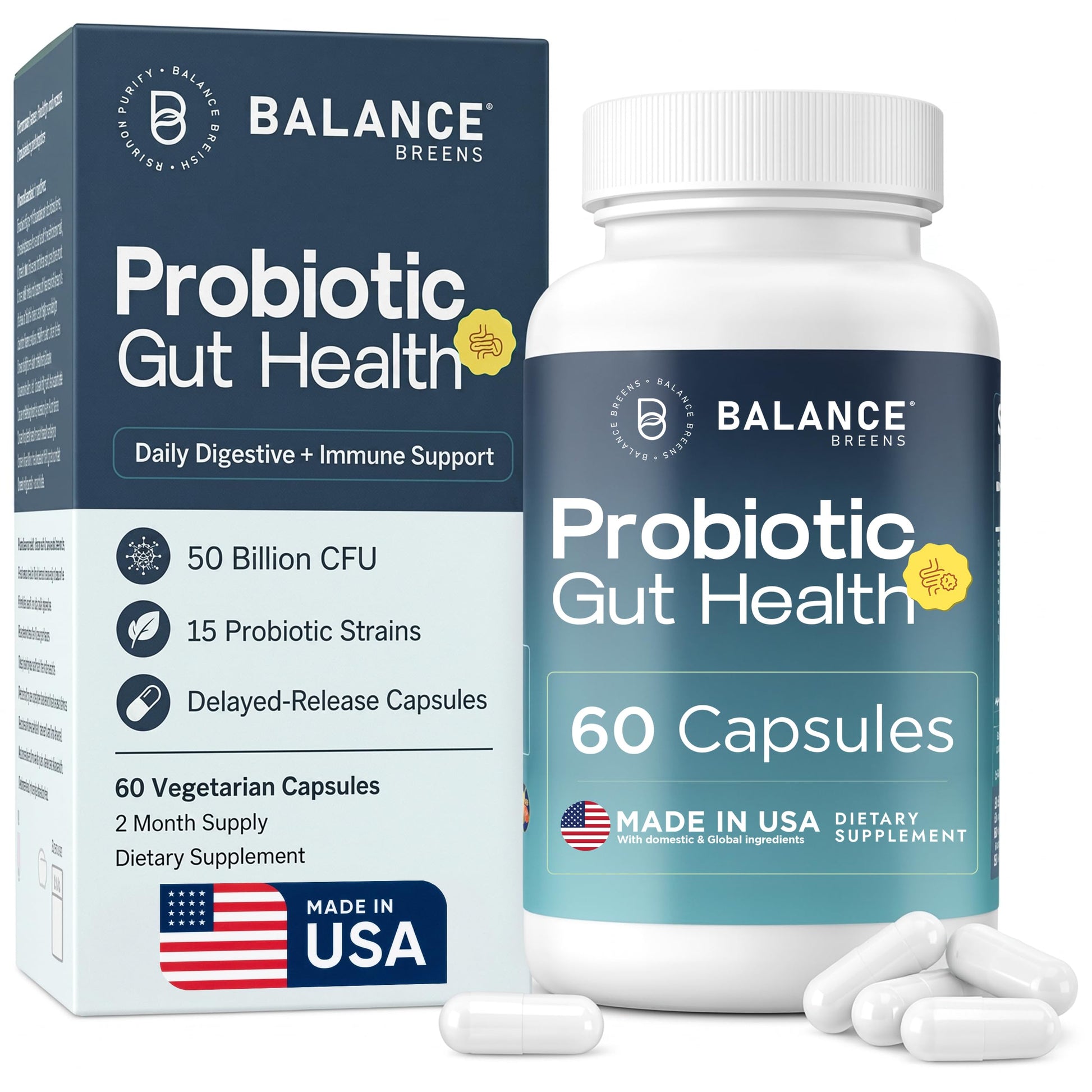 Balancebreens Probiotic Supplement Capsule 60 Count - 50 Billion CFU, 15 Strains