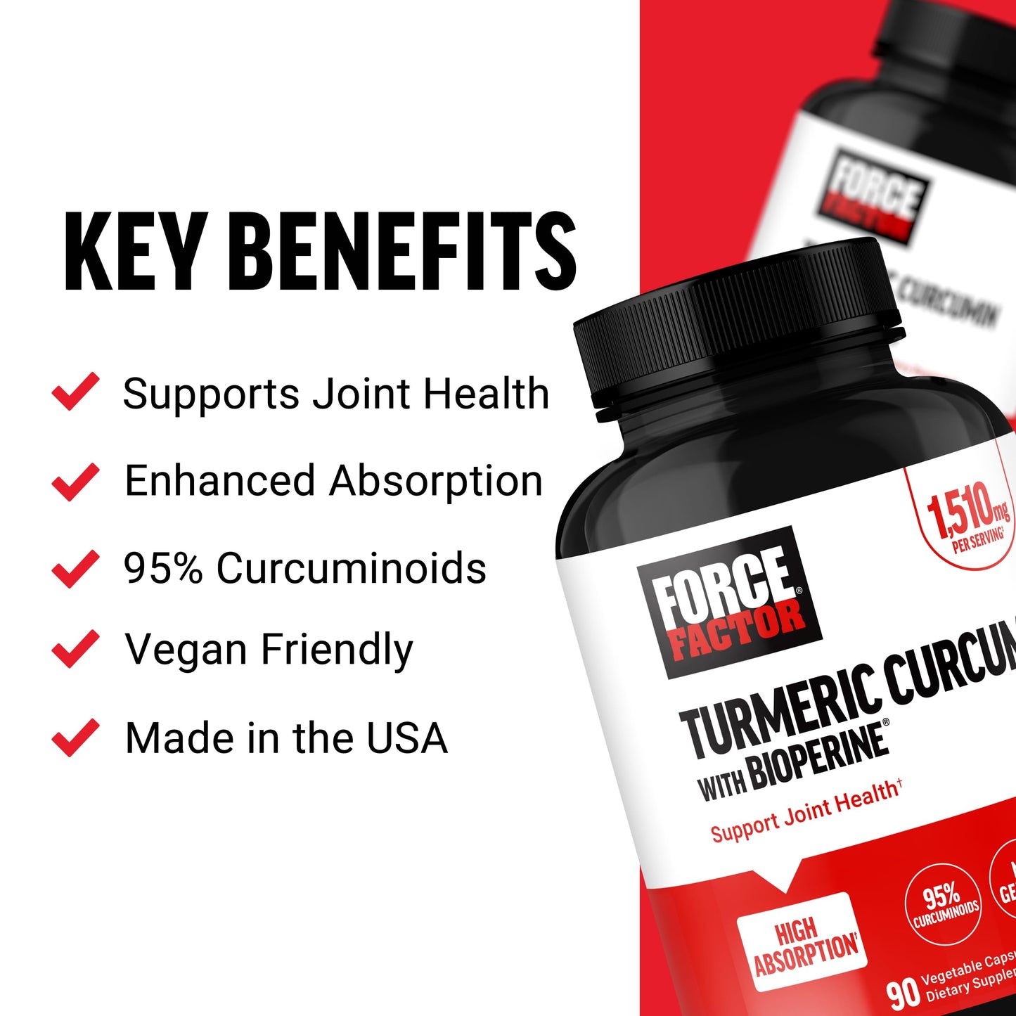 Force Factor Turmeric Curcumin Joint Support Supplement with Black Pepper, BioPerine for Enhanced Absorption, No Gelatin, Non-GMO, 90 Capsules