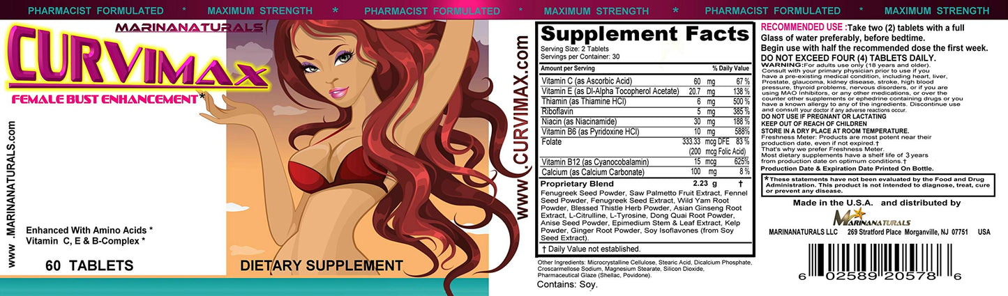 MARINANATURALS CURVIMAX Female Breast Enhancement and Enlargement Pills, 60 Tablets