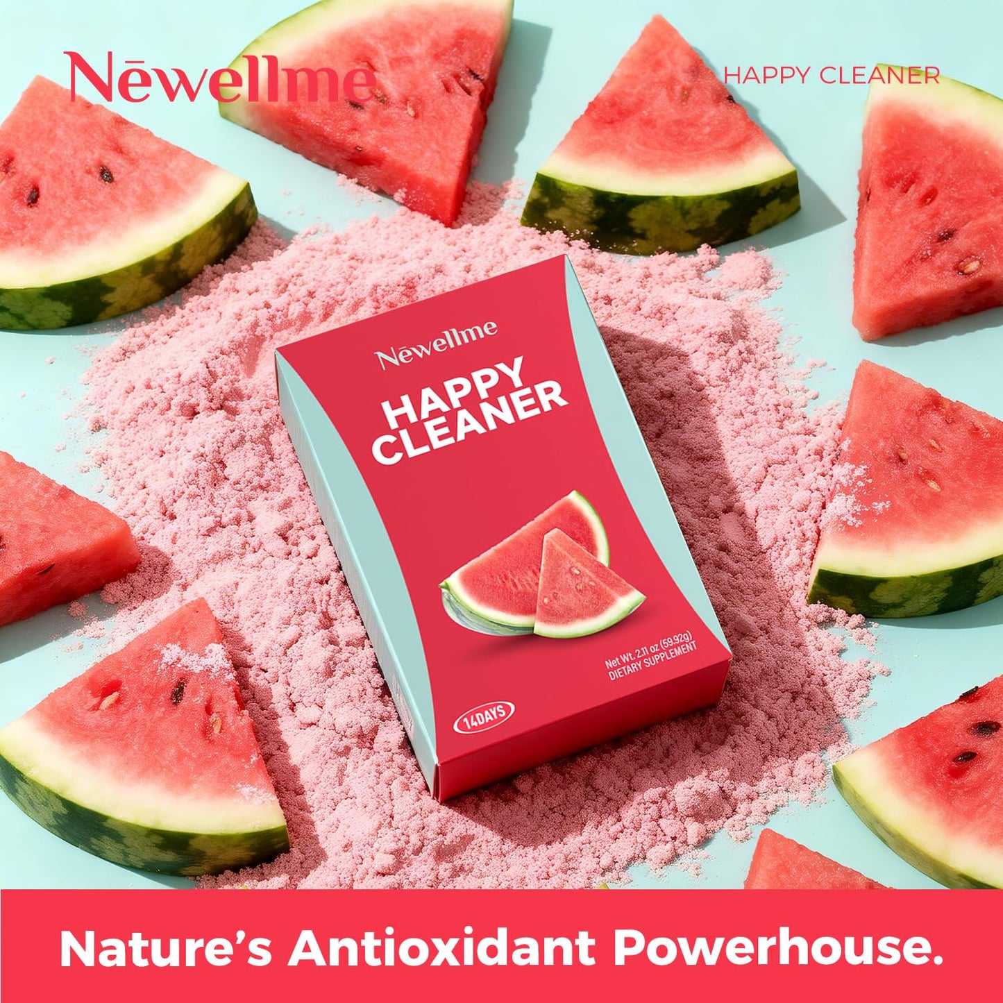 NEWELLME Happy Cleaner Superfood Powder, Watermelon Flavor, 4.4 oz, 14 Packets