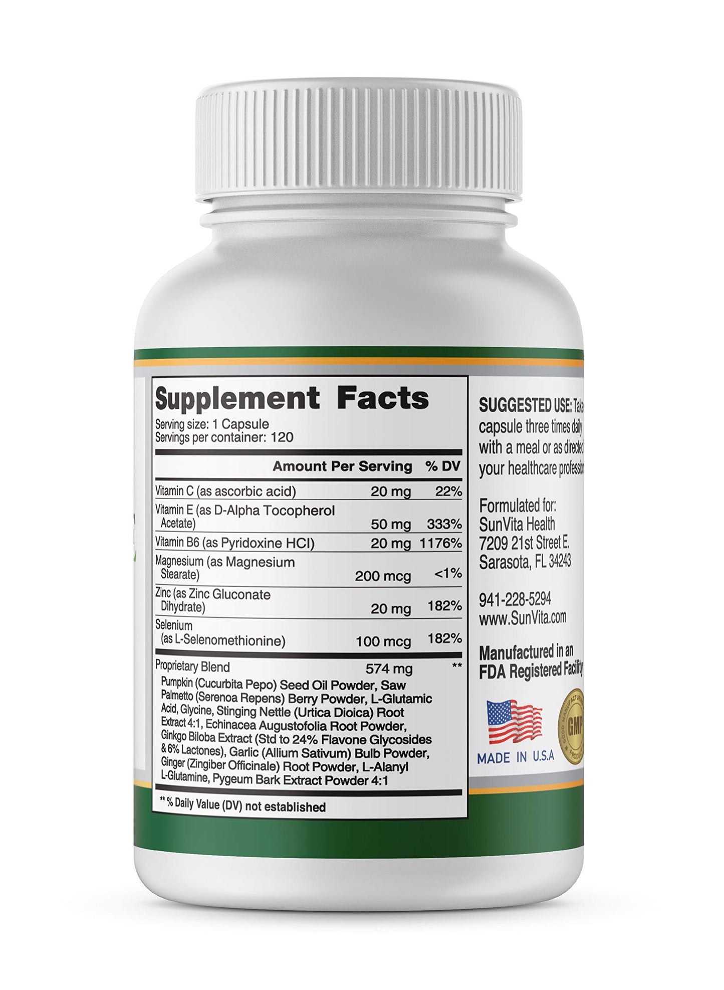SunVita Health Prostate Formula Helps with Frequency and Urgency, 120 Capsules