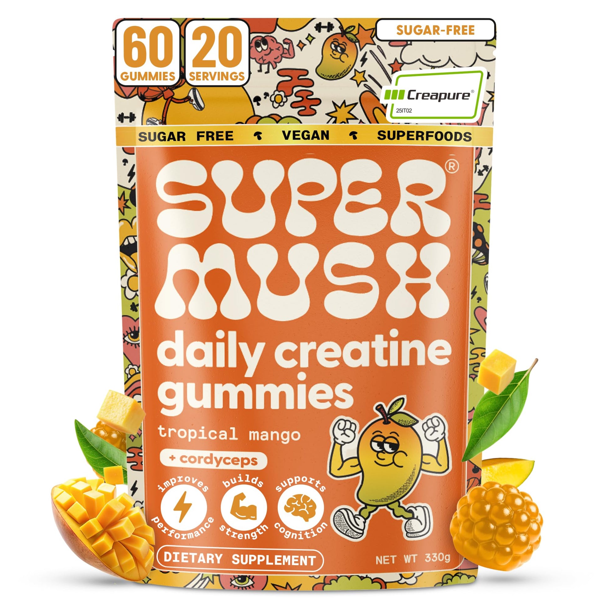 SuperMush Daily Creatine Gummies with Cordyceps Mushroom Extract, 60 Count