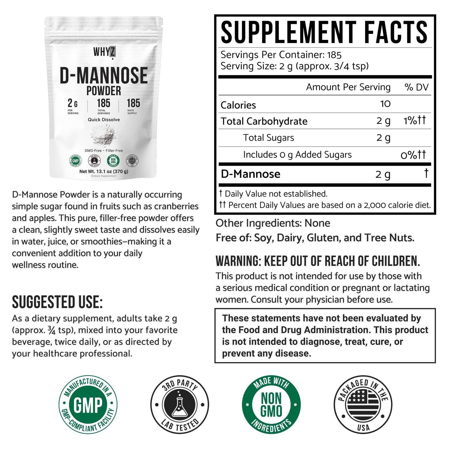 WHYZ D-Mannose Powder 13.1 Ounce