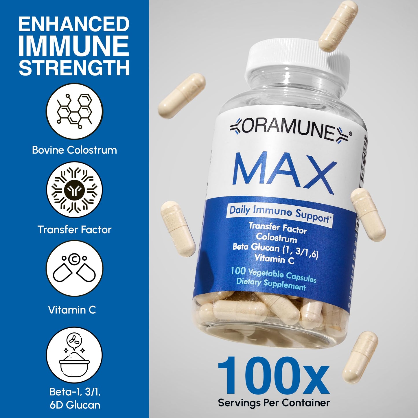 Oramune Max Support Supplement with Transfer Factor, Pure Bovine Colostrum, Beta-1, 3/1, 6-D Glucan & Vitamin C Capsules, 100 Count