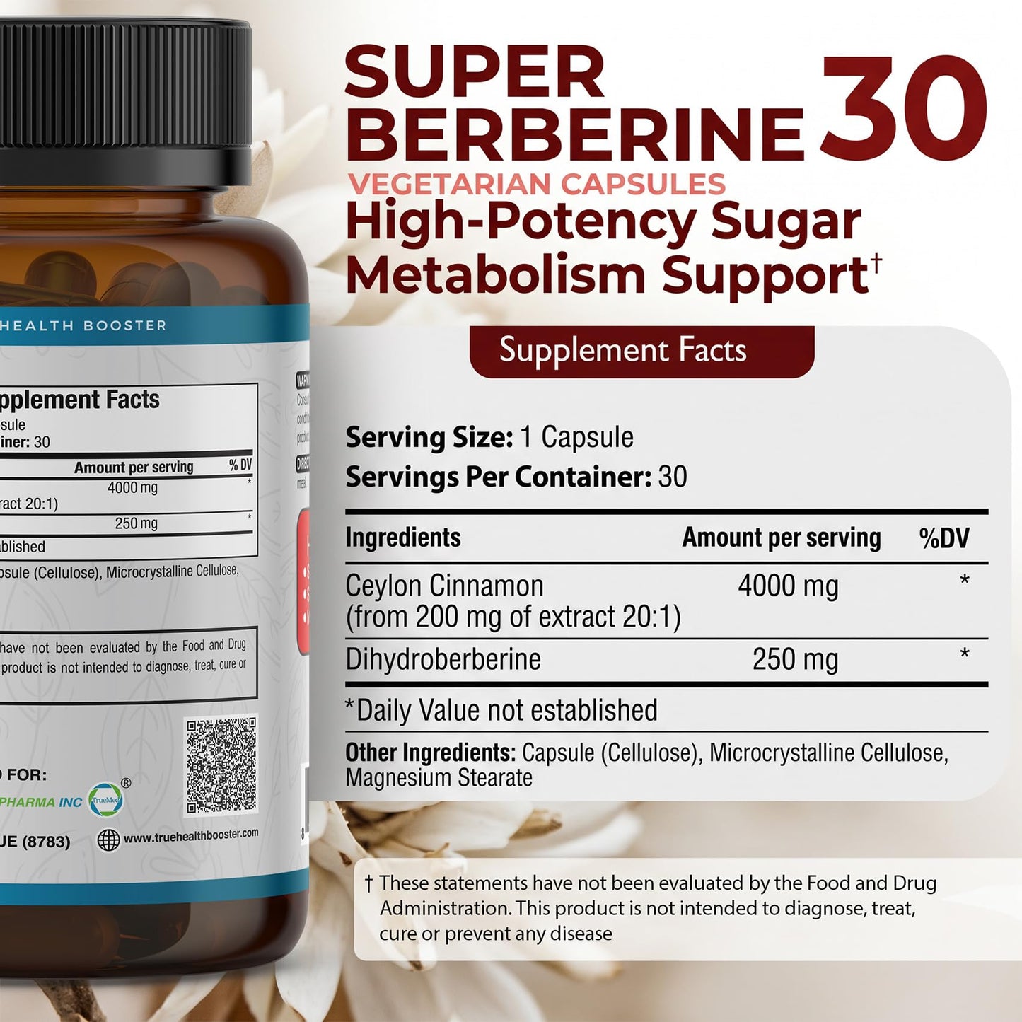 TRUEMED Super Berberine 250mg & Ceylon Cinnamon 4000mg Capsule, 30 Count
