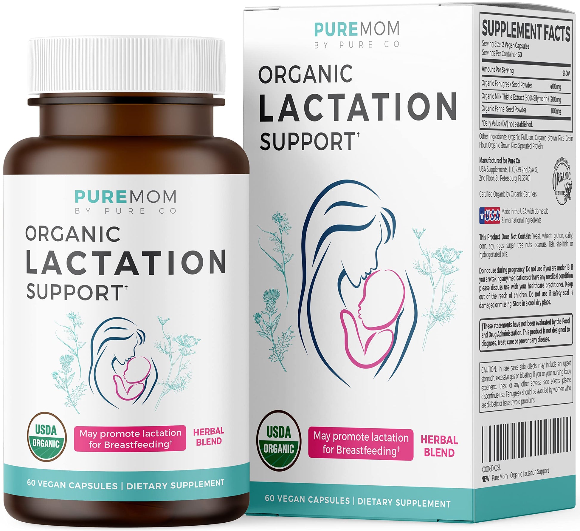 PURE CO USDA Organic Lactation Supplement, 60 Capsules