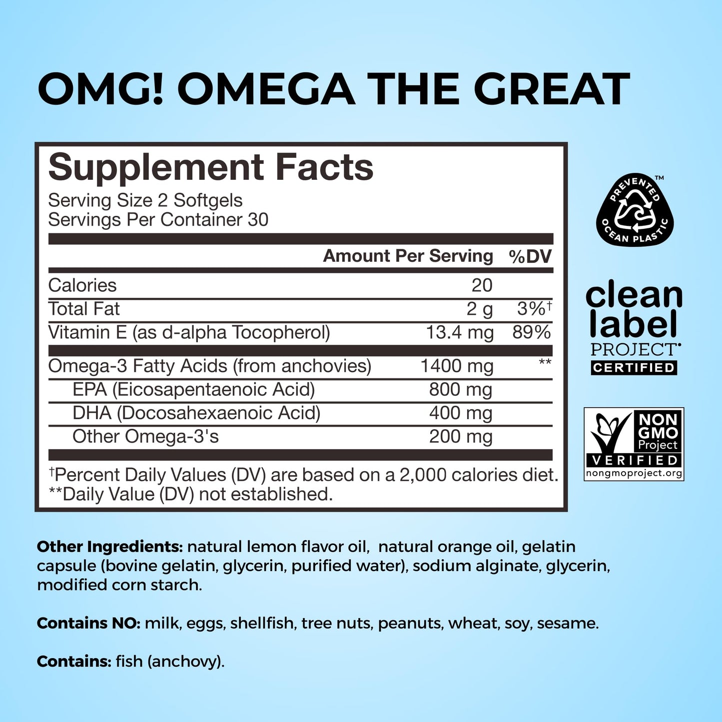 HUM OMG! Omega The Great Fish Oil, DHA, EPA & Vitamin E Softgels, 60 Count