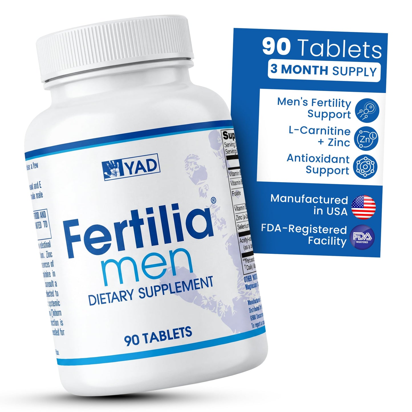 Fertilia Men's Fertility Support Pre-Conception Supplement with L-Carnitine, Zinc & Antioxidants, Non-GMO, Gluten-Free, Dairy-Free, 90 Tablets