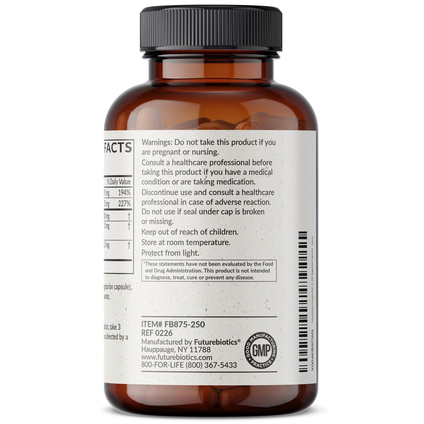 Futurebiotics L-Lysine Defense Immune Support Complex 1500 mg per Serving with Vitamin C, Zinc, Olive Leaf & Garlic, Non-GMO, 250 Capsules