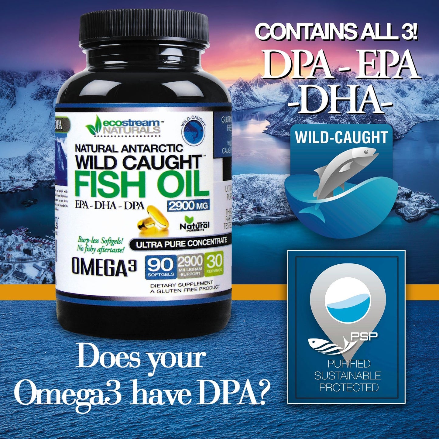 ecostream Naturals Wild Caught Omega 3 Fish Oil DPA-EPA-DHA Supplement 2,900 Milligrams Softgels 180