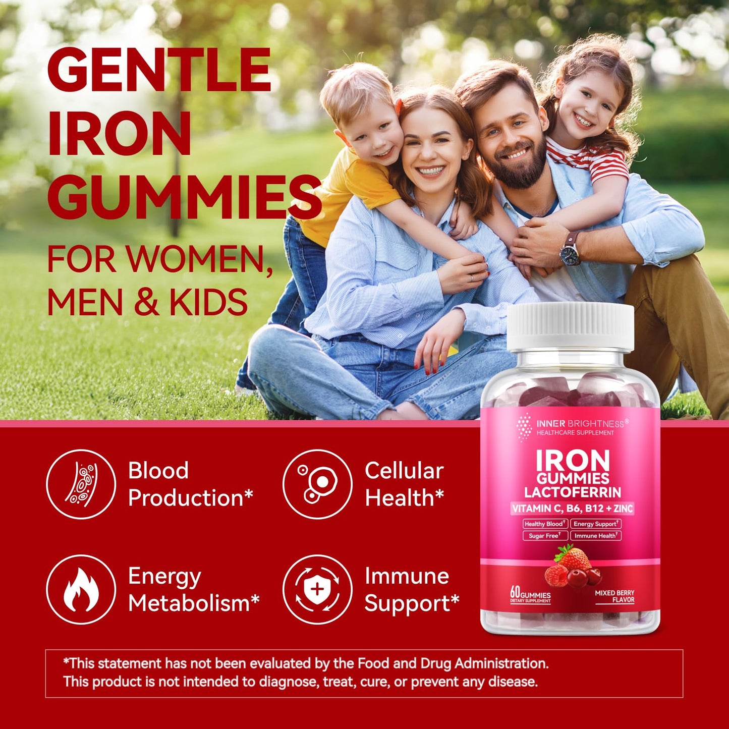 Inner Brightness Iron Supplement with Lactoferrin, Vitamin C, B6, B12 & Zinc – Gentle, Vegan, Sugar-Free – Supports Healthy Blood, Immune Health & Energy – Mixed Berry Flavor, 60 Gummies