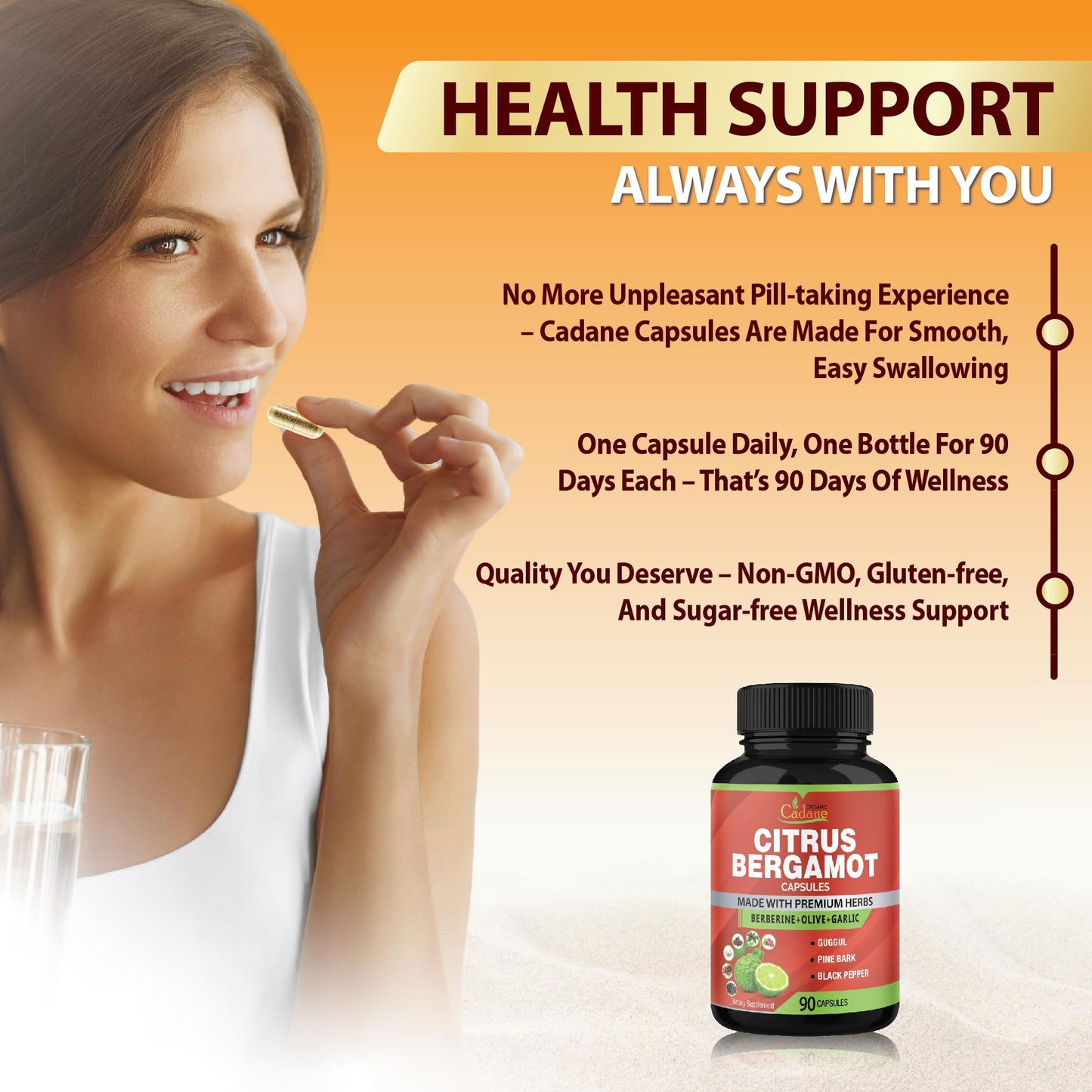 Organic Cadane Citrus Bergamot Supplement Extract Capsules, 90 Count