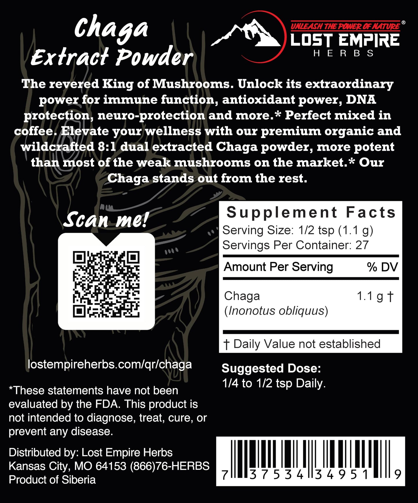 Lost Empire Herbs Chaga Mushroom Powder 8:1 Dual Extract from Real Mushrooms Not Mycelium, 1.0582 oz