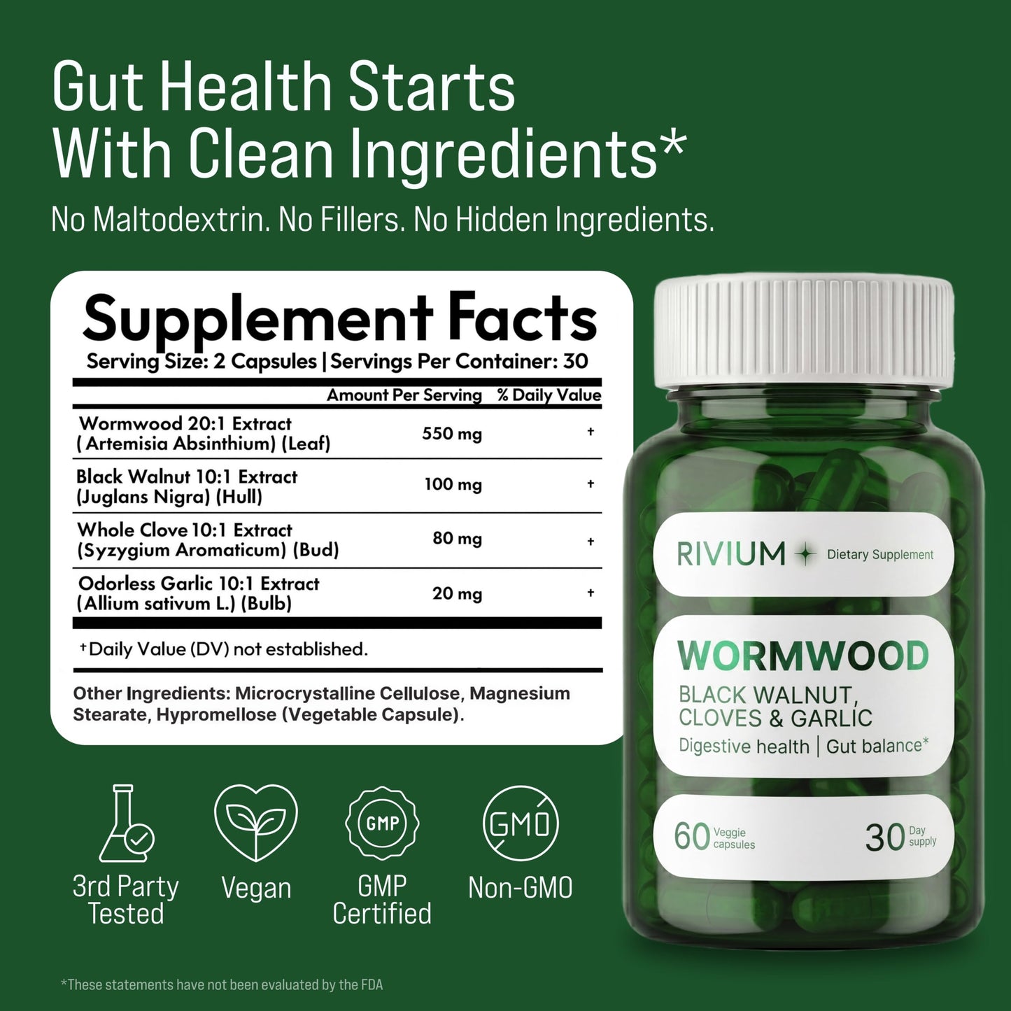 Rivium Wormwood Complex with Black Walnut, Cloves, Garlic & Wormwood Extract Capsules 60 Count