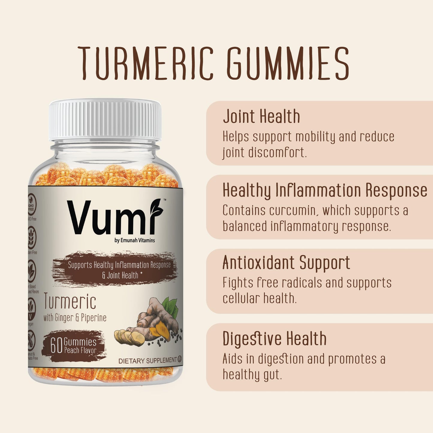 Vumi Turmeric Gummies with Ginger and Piperine, 60 Gummies
