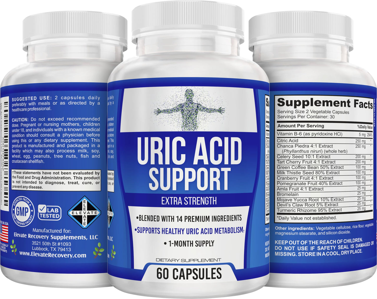 Elevate Recovery Supplements Uric Acid 14-in-1 Support Supplement Capsules 60 Count