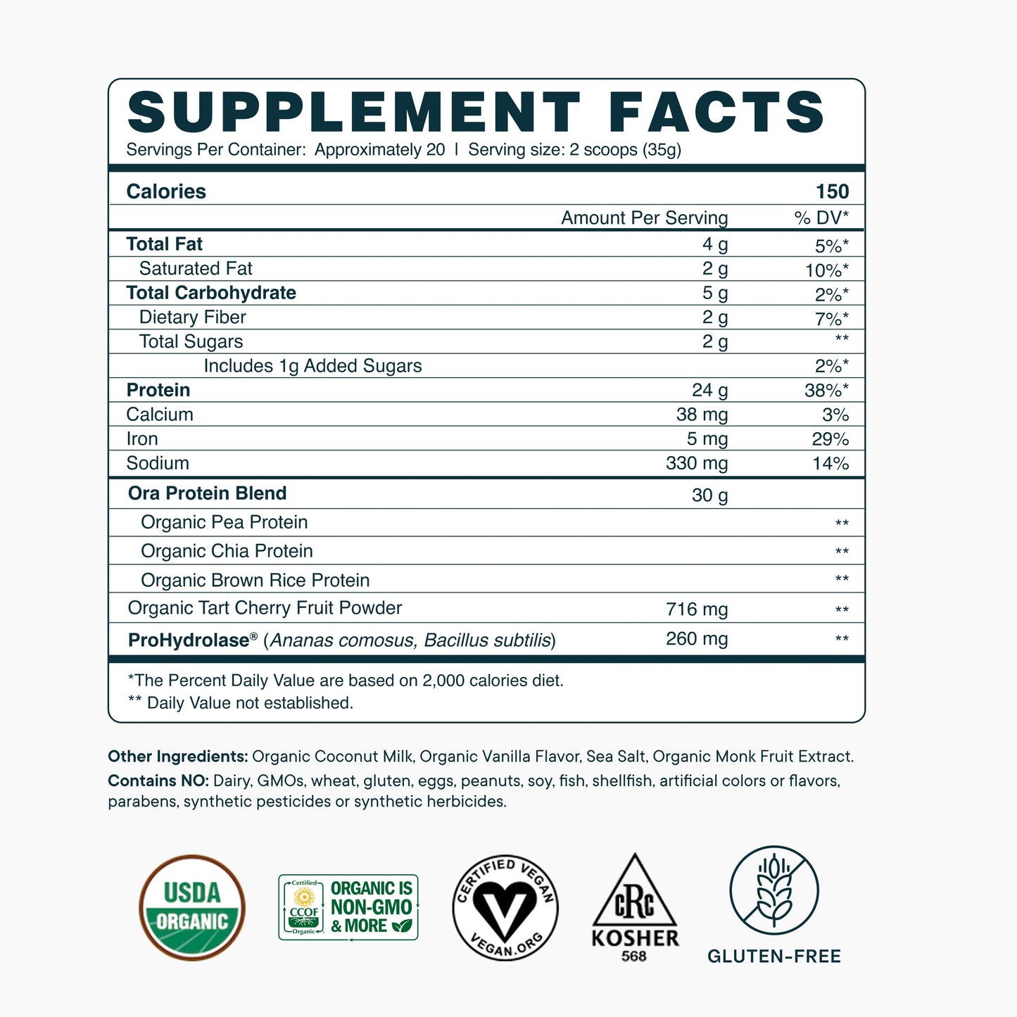 Ora Organic Vegan Protein Powder - Vanilla Flavor, 20 Servings