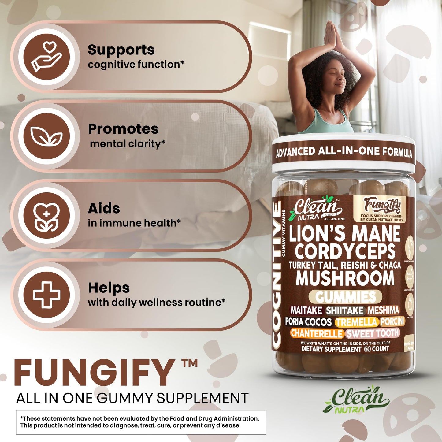 Clean Nutraceuticals Lions Mane Mushroom Gummies with Cordyceps for Memory and Focus Immune Support, 60 Count