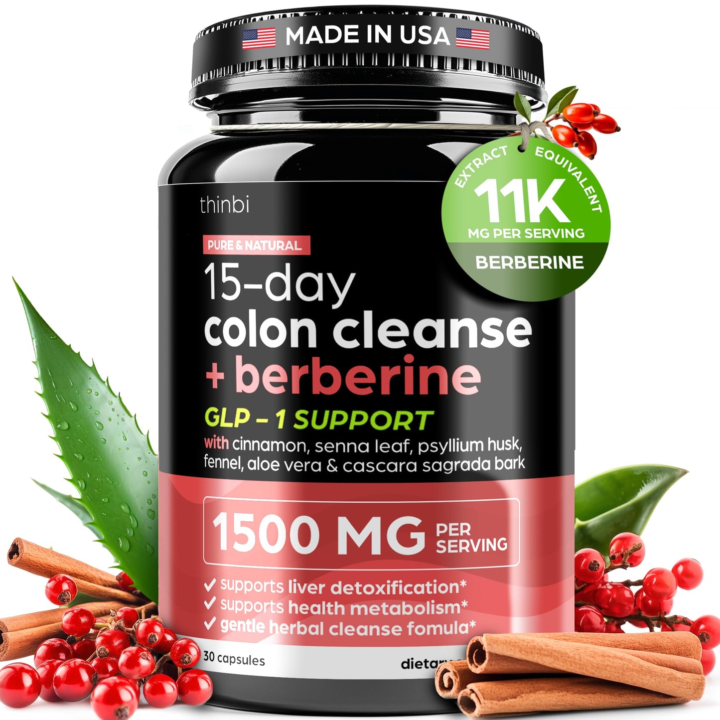THINBI Advanced Ketogenic Colon Cleanse with Berberine 1500mg – 15 Day Parasite Detox for Men & Women – Extra Strength Formula with Senna Leaf, Capsule, 30 Count