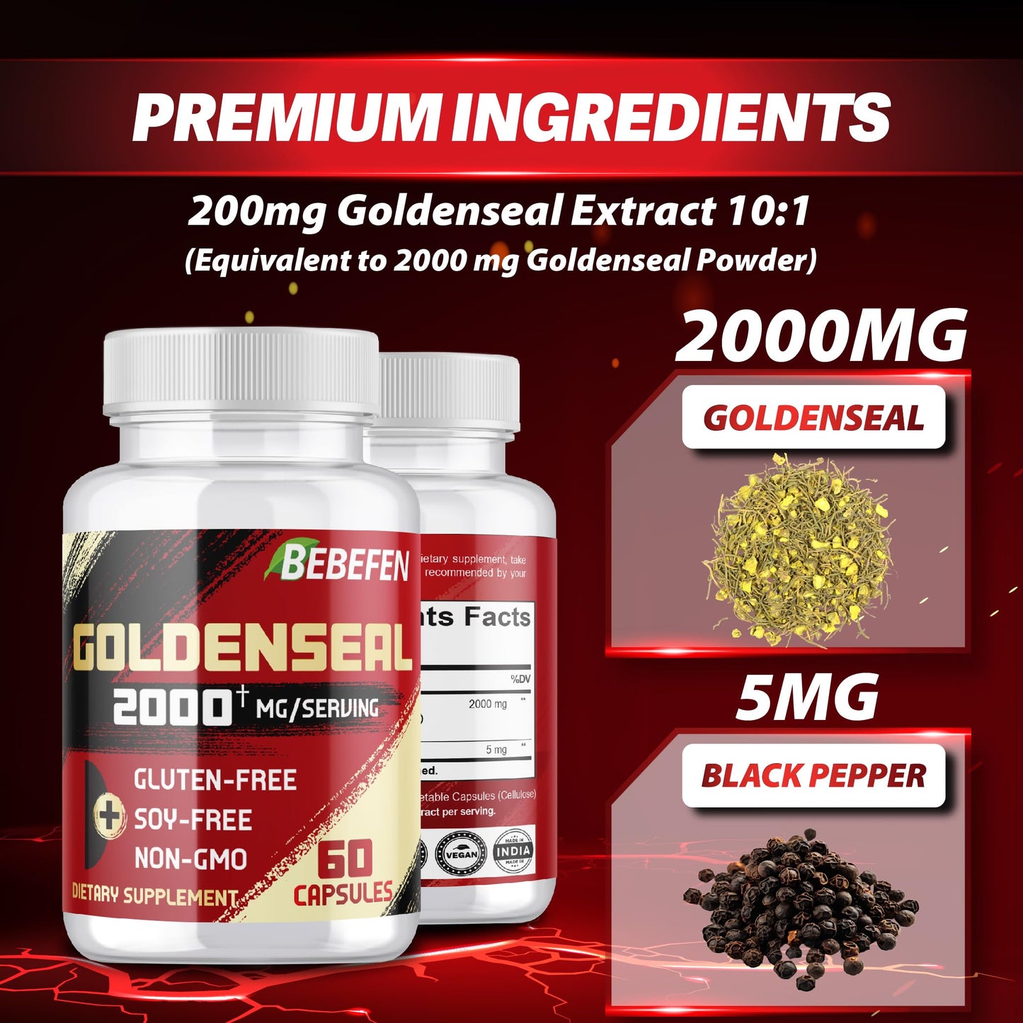 BEBEFEN Goldenseal Root 2000mg Capsule, 60 Count