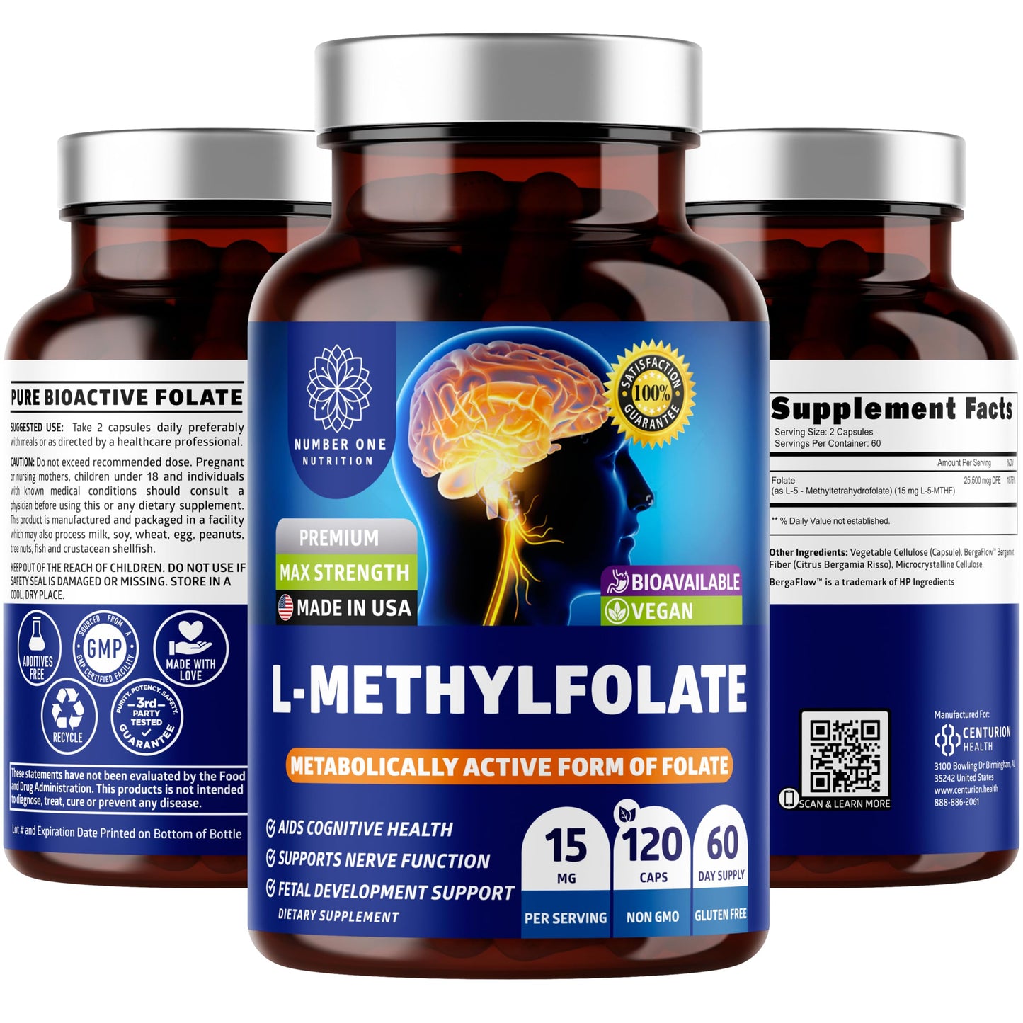 Number One Nutrition Premium L-Methylfolate 12.75MG, Extra Strength 5-MTHF Active Methylfolate Supplement for Energy and Cognitive Support, Gluten-Free and Non-GMO, 120 Capsules