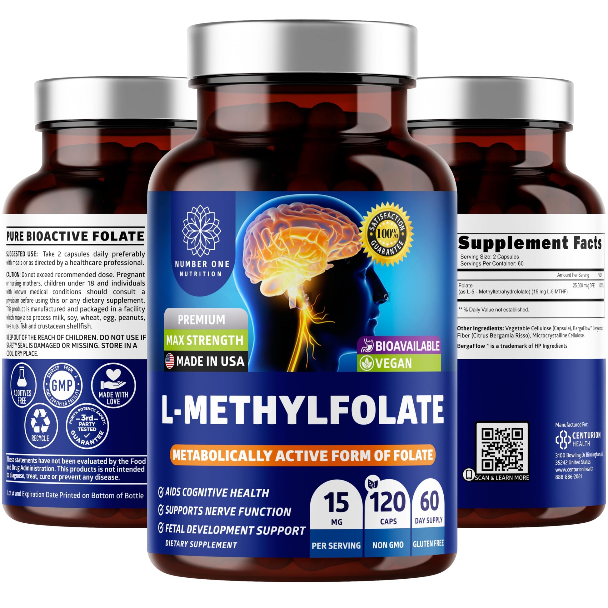 Number One Nutrition Premium L-Methylfolate 12.75MG, Extra Strength 5-MTHF Active Methylfolate Supplement for Energy and Cognitive Support, Gluten-Free and Non-GMO, 120 Capsules