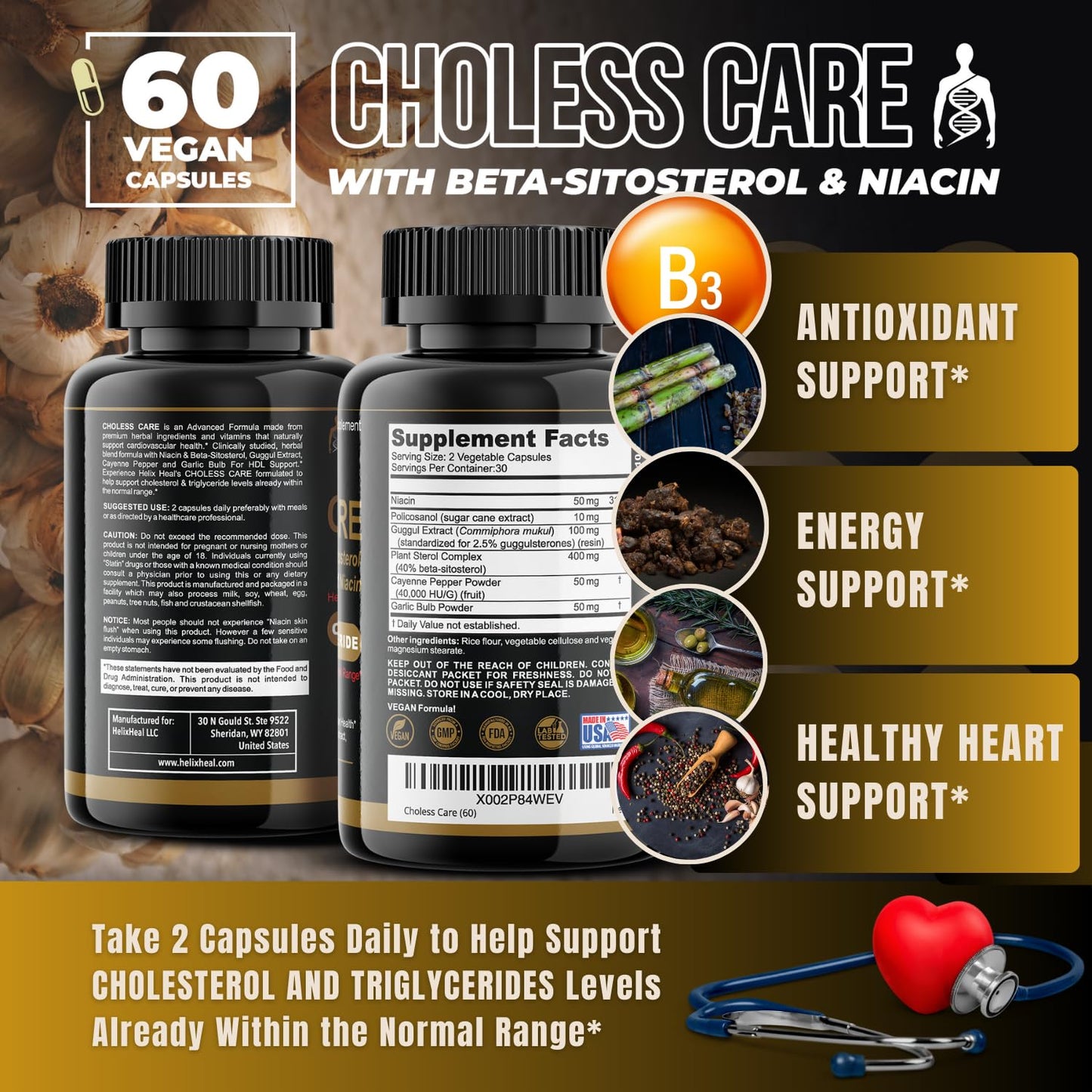 Helix Heal Cholesterol Supplement - Triglycerides Support Health Capsules, 60 Capsules
