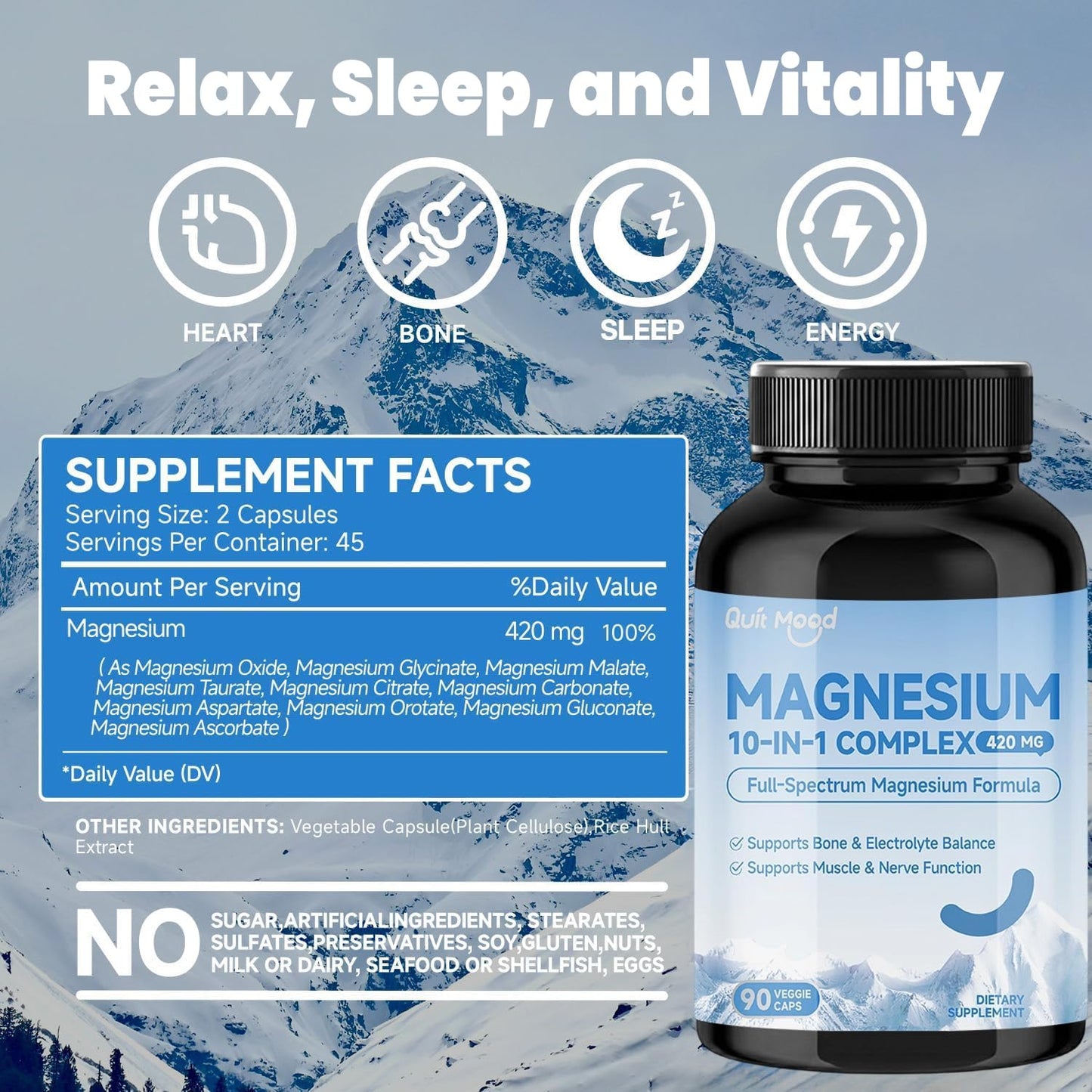 Quit mood Magnesium 10 in 1 Complex 420mg Full Spectrum Magnesium Supplement with Glycinate, Citrate, Malate & Taurate Supports Muscle, Nerve & Bone, Non-GMO, 90 Capsules