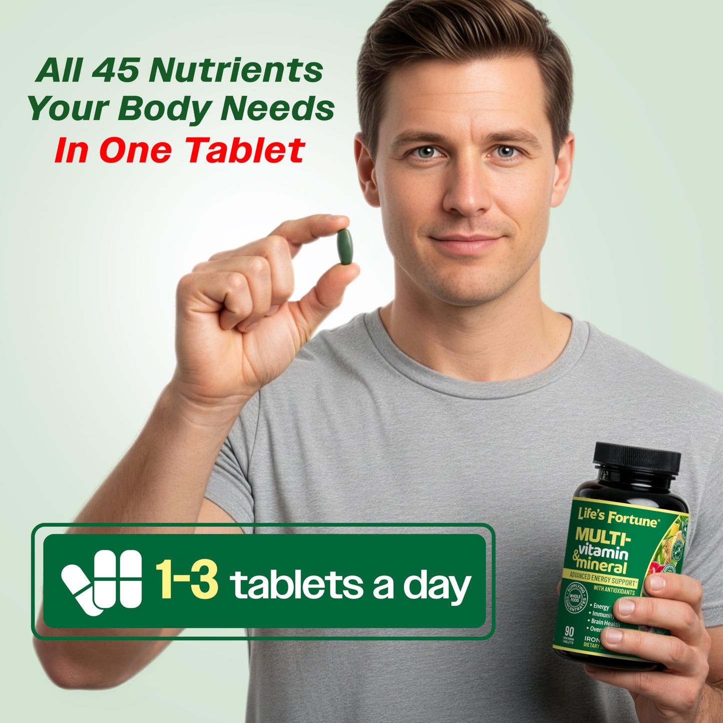 Life's Fortune Whole Food Multivitamin & Mineral Supplement for Men & Women – Iron Free – Brain, Immune & Metabolism Support – 180 Capsules