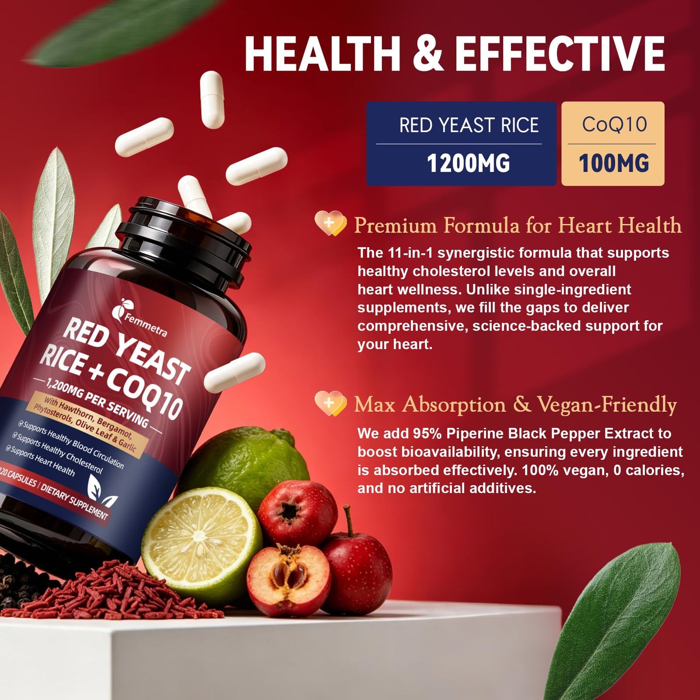 Femmetra Red Yeast Rice 1200mg with CoQ10 Capsule, 120 Count