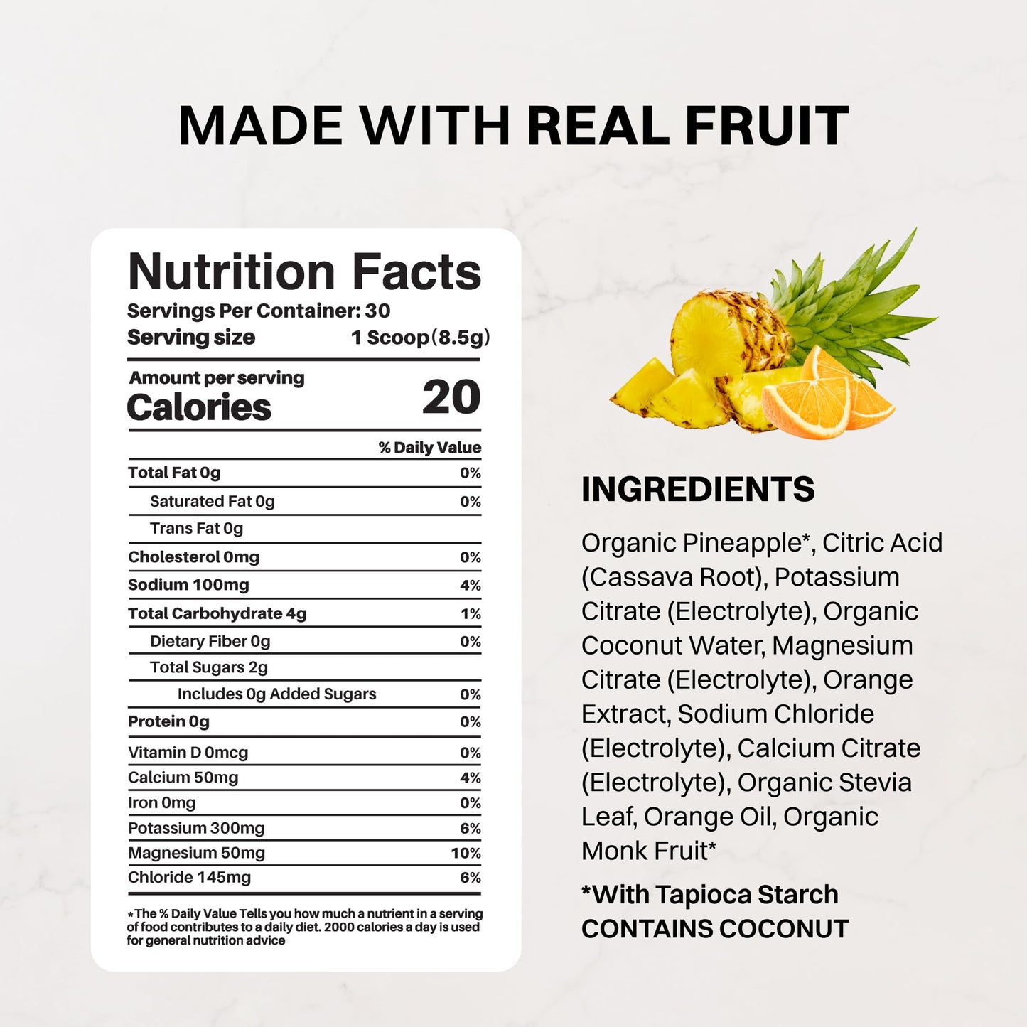 JUST INGREDIENTS Orange Pineapple Electrolytes Powder 30 Servings