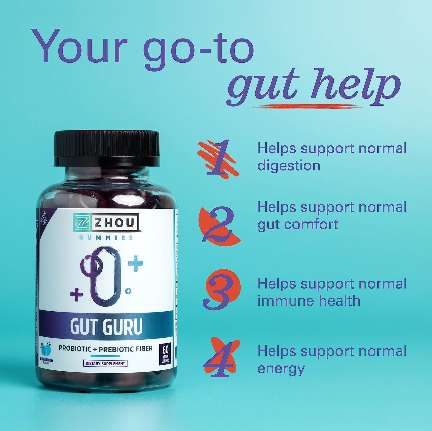 ZHOU Gut Guru Gut Health Gummies, 60 Count