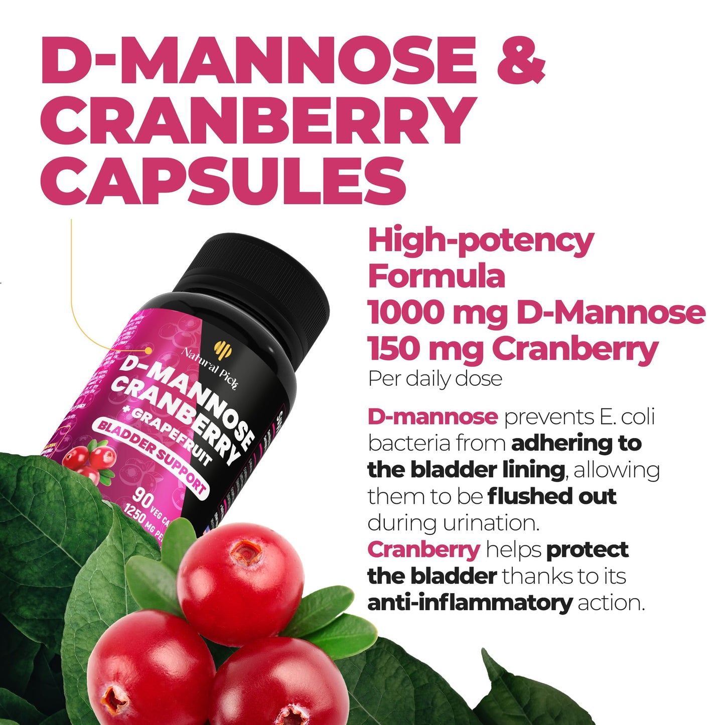 Natural Pick D Mannose with Cranberry 1000mg for Bladder Control Capsule, 1 Count