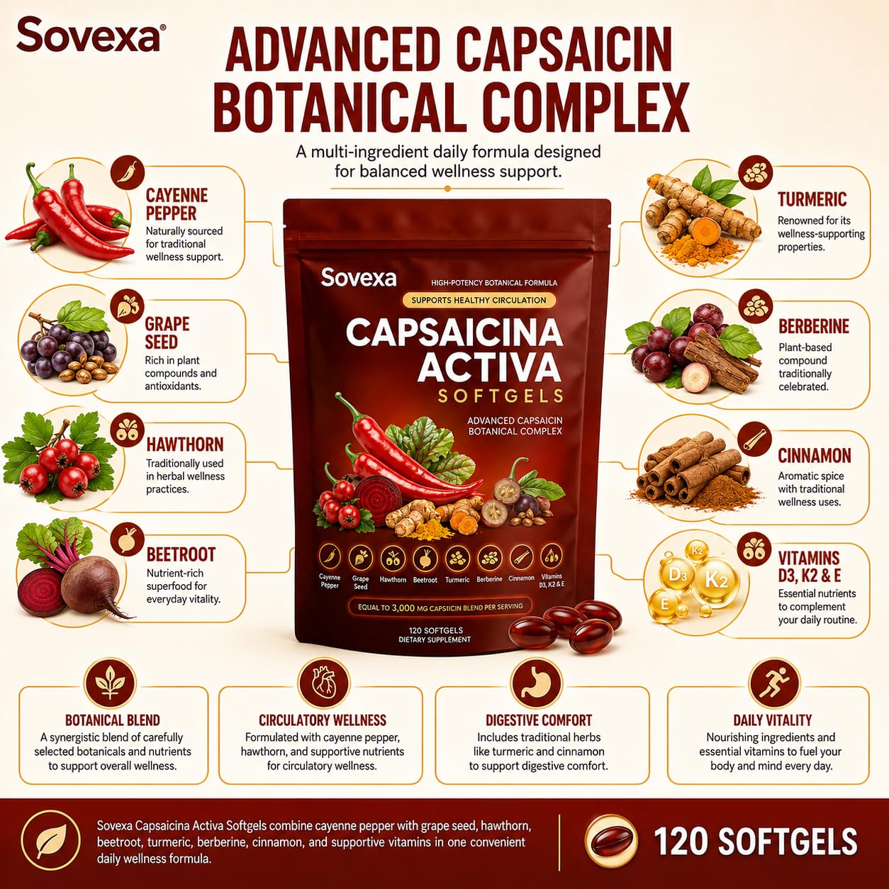 Mastara Sovexa Capsaicina Activa Softgels with Grape Seed, Hawthorn, Beetroot, Turmeric, Berberine & Cinnamon – Non-GMO, Gluten-Free, 120 Softgels