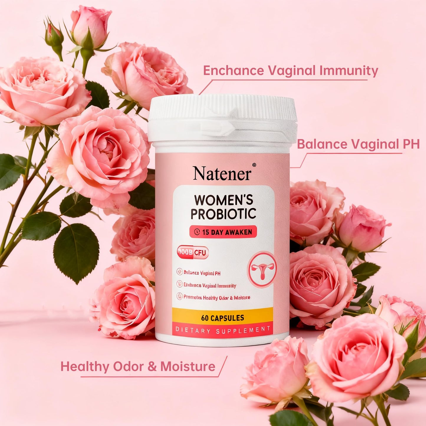 Natener Vaginal Probiotics for Women 200 Billion CFUs with Slippery Elm & Maca Root, 60 Capsules