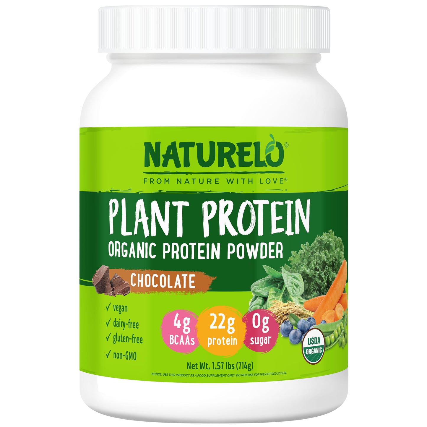 NATURELO Plant Protein Powder, Chocolate, 20 Servings