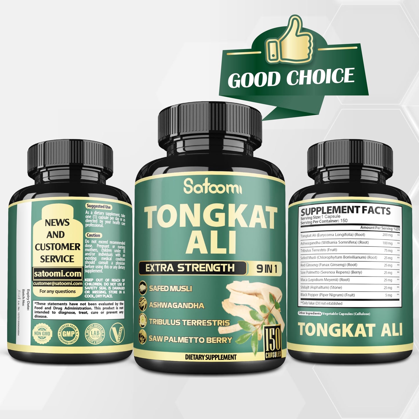 Satoomi 9in1 Tongkat Ali Root Extract 200:1 - Ashwagandha, Tribulus Terrestris, 150 Capsules