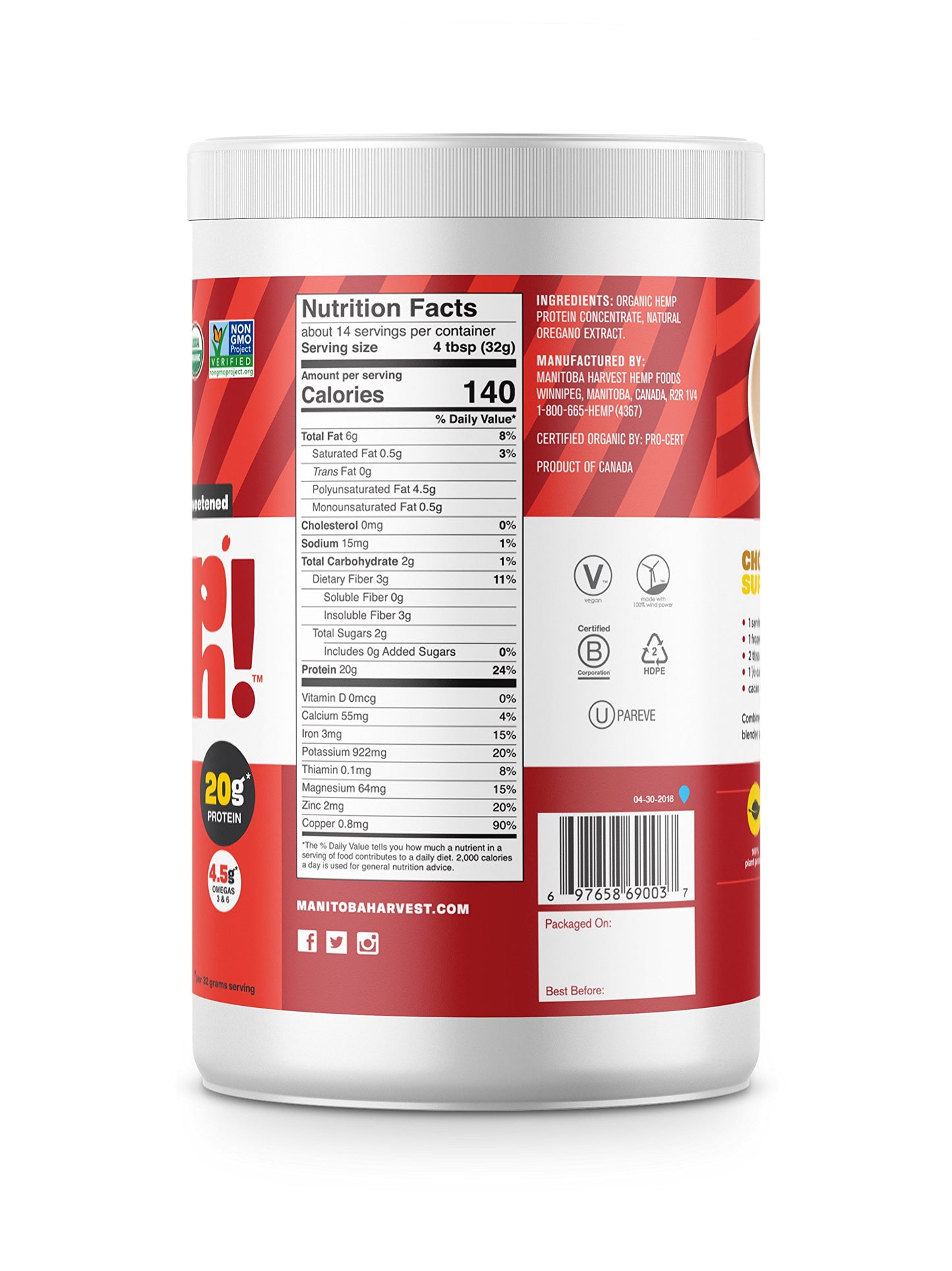 Manitoba Harvest Hemp Yeah! Organic Max Protein Powder, 16 oz