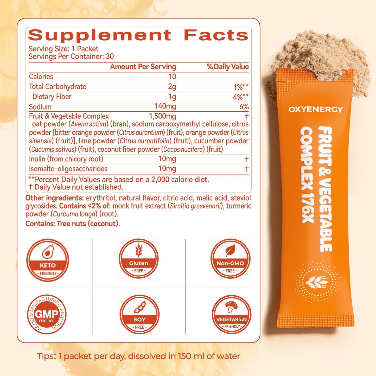 OxyEnergy Fiber Supplement Powder, 30 Packets, Orange Flavor