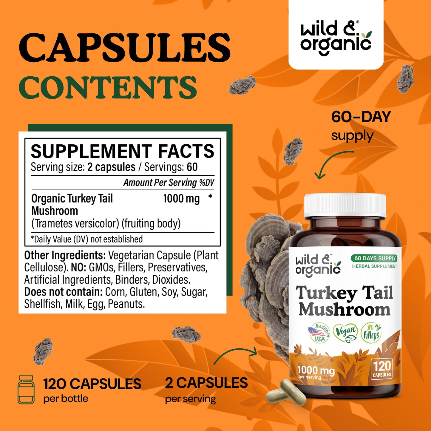 Wild & Organic Turkey Tail Mushroom Capsules 1000 mg - 120 Capsules