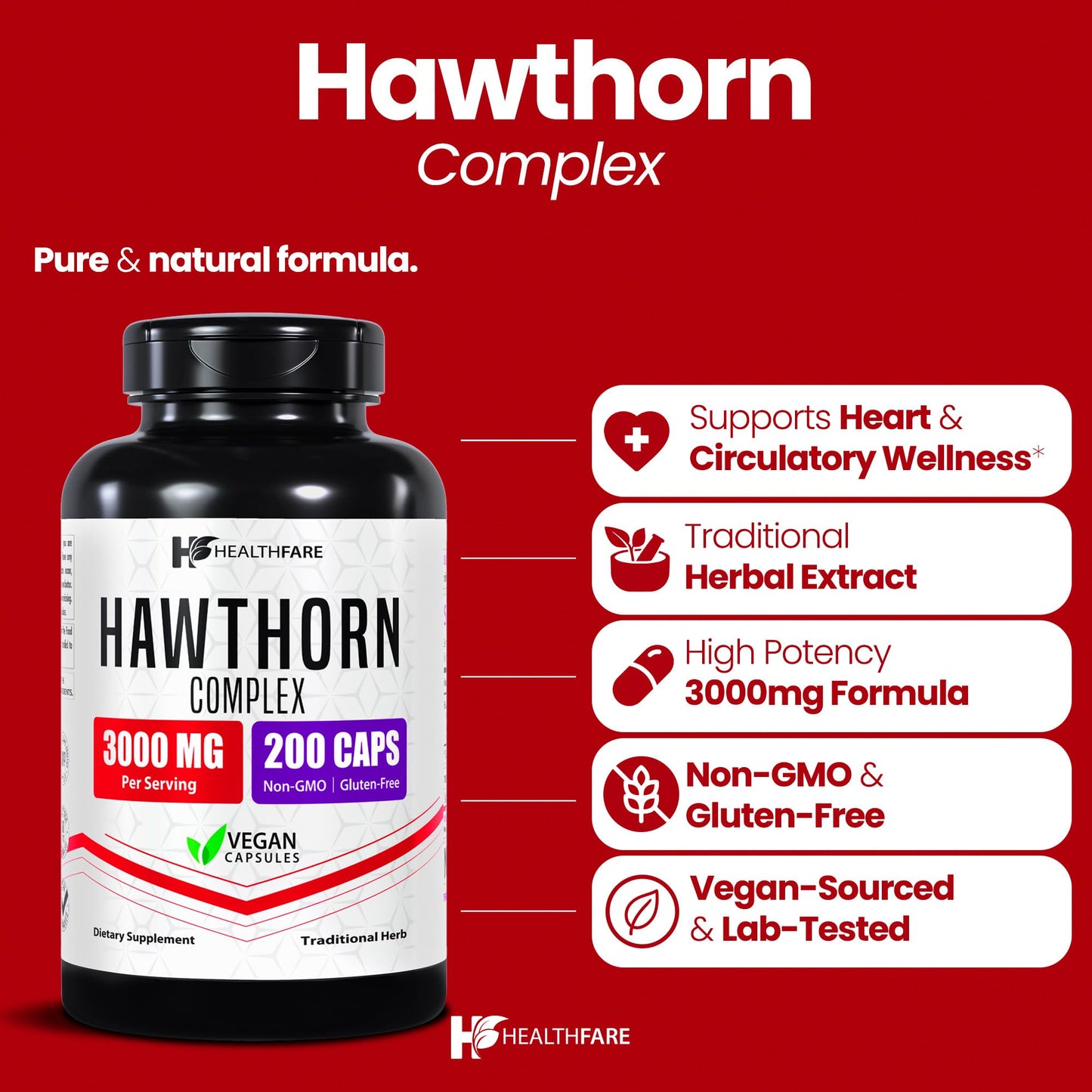 Healthfare Hawthorn Berry Supplement Extract 3000mg Capsules, 200 Count