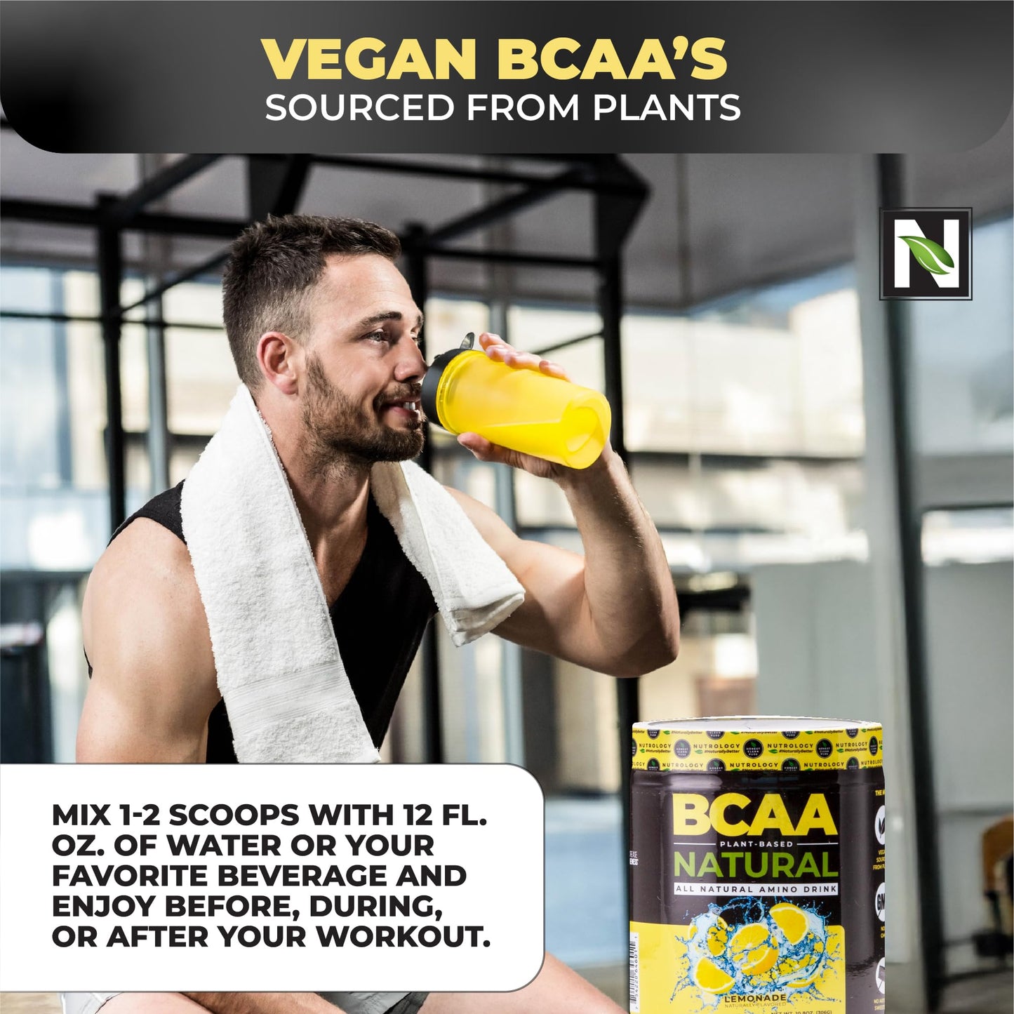 Nutrology BCAA Natural Plant Based Powder Lemonade Flavor, 2:1:1 Amino Acids Ratio, Pre- and Post-Workout Recovery, Vegan, Gluten-Free, Non-GMO, 30 Servings