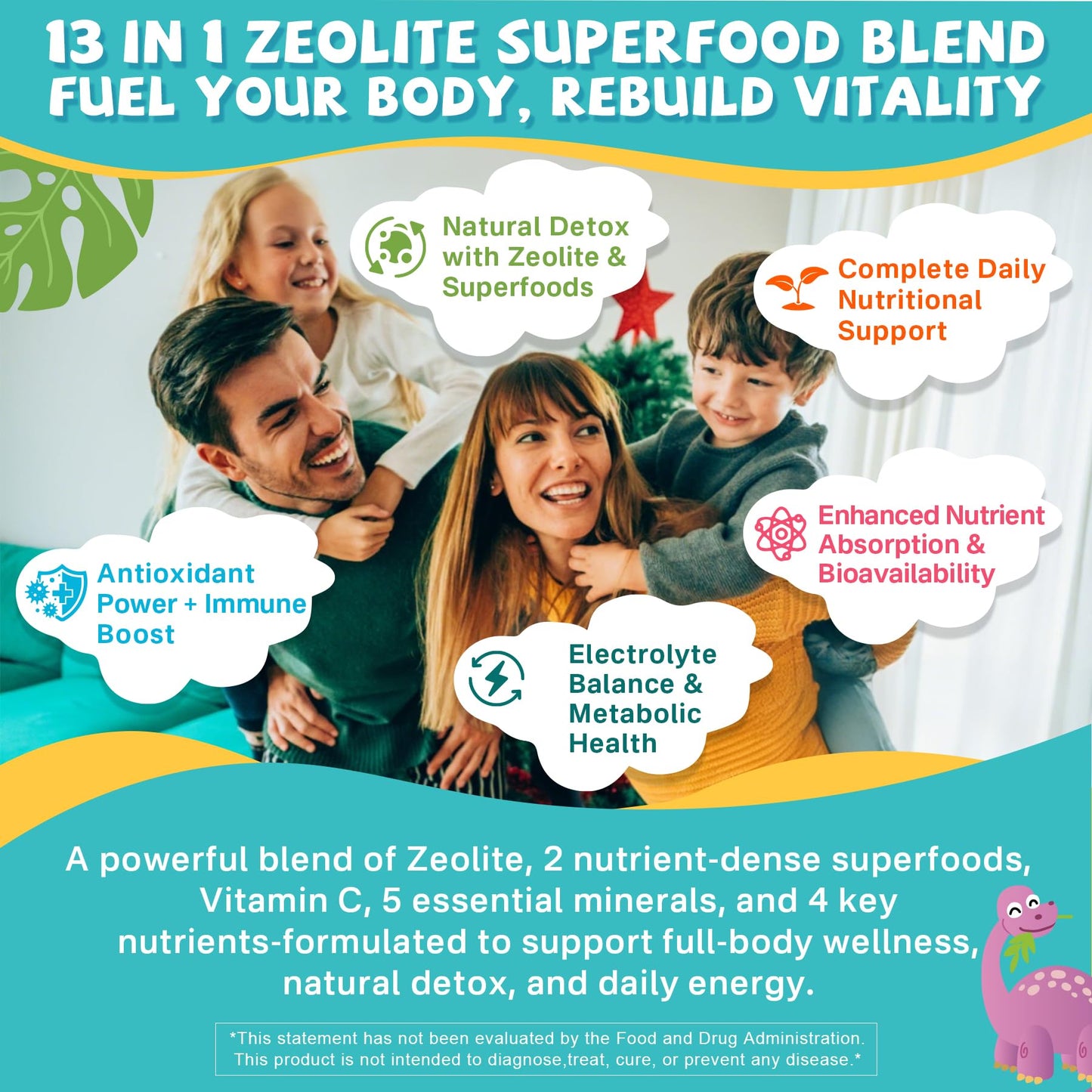 EnvyCure Zeolite Detox Gummies for Kids & Adults Sugar-Free with Spirulina, Chlorella, Milk Thistle, Magnesium Glycinate, Calcium Citrate for Energy, Focus, Digestive, Immune, Antioxidant, 60 Gummies